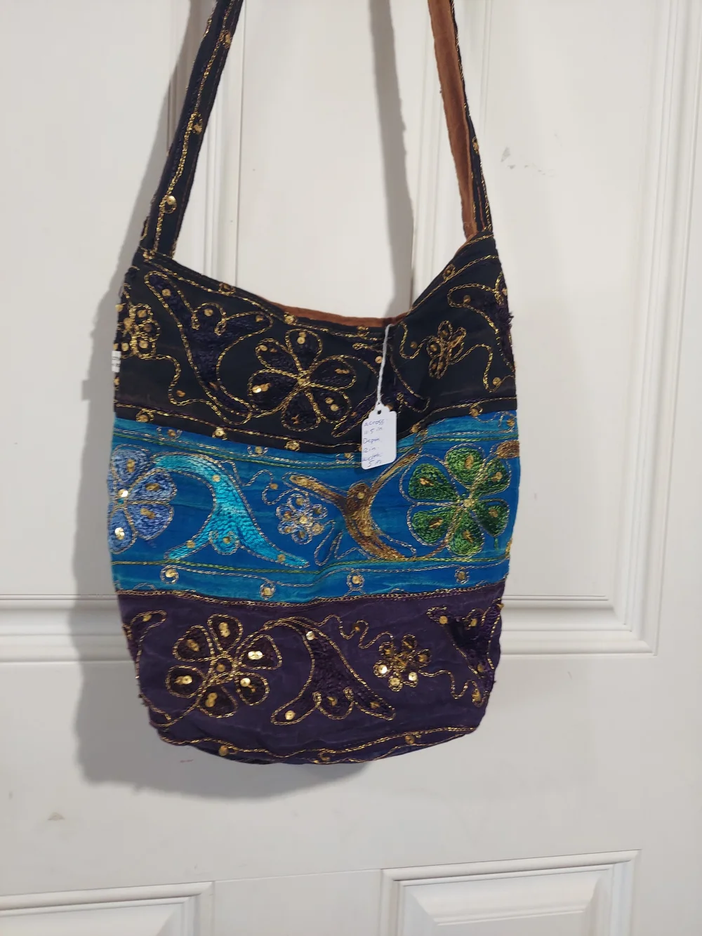 Embroidered Multicolor Hobo Bag - Blue, Purple, Black